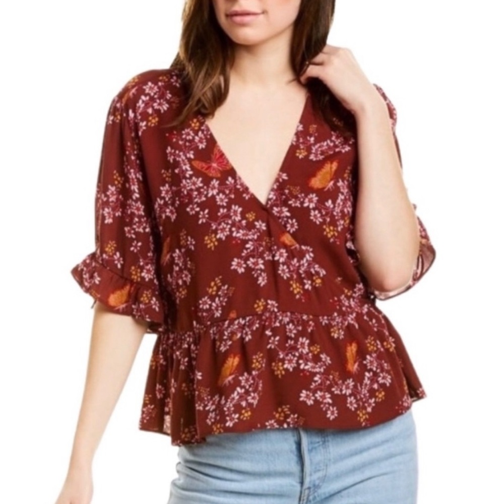 Madewell Maroon Floral Print Wrap Top Shirt